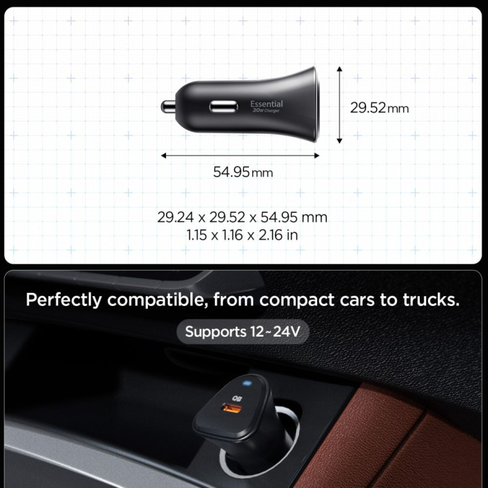 Spigen - Spigen Billaddare Essential EV301 1-Port 30W - Svart