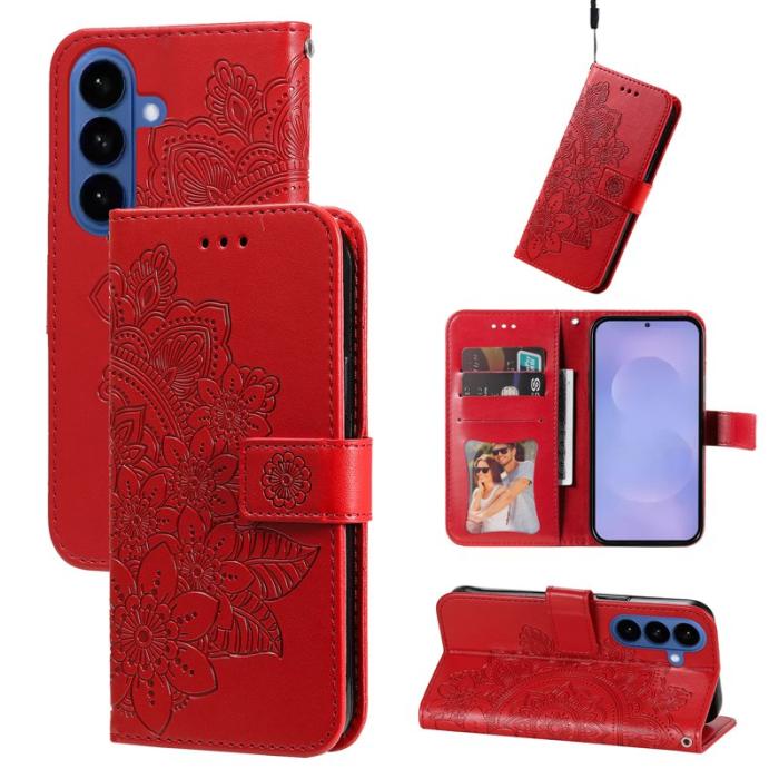 OEM - Samsung Galaxy S26 Plus Plånboksfodral Blommönster Konstläder Ställ - Röd