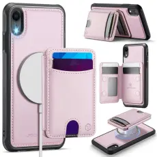 OEM - JEEHOOD Mobilskal till iPhone XR Konstl&auml;der MagSafe Med Kortfack - Rosa