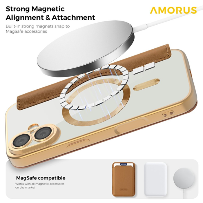 Amorus - AMORUS iPhone 17 Plånboksfodral MagSafe RFID Blocking - Brun