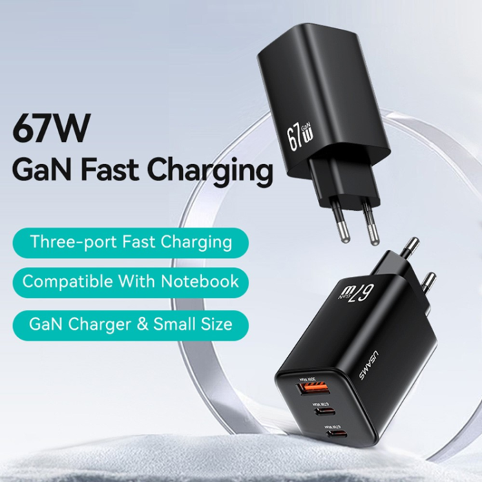 USAMS - USAMS GaN Snabbladdare 67W USB-A/2x USB-C EU CC265 - Svart