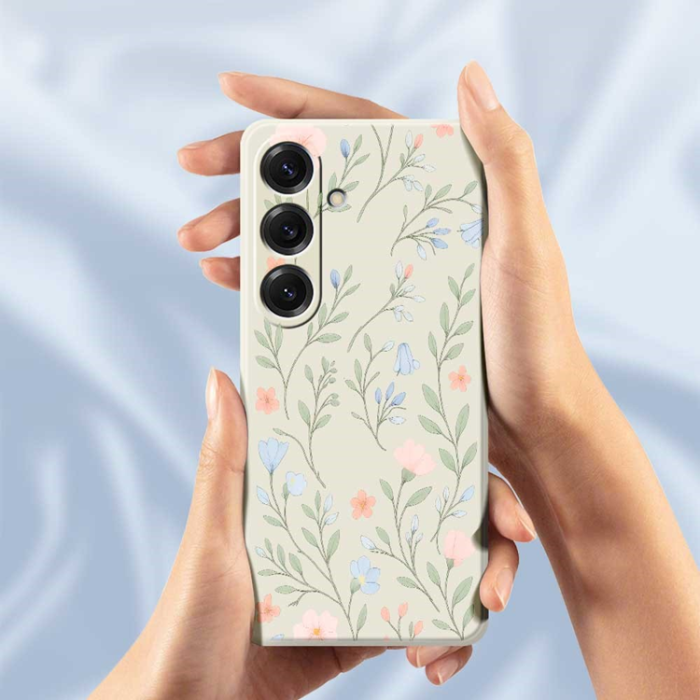 A-One Brand - Galaxy S25 Mobilskal Pink Blue Flowers Straight Edge - Lila