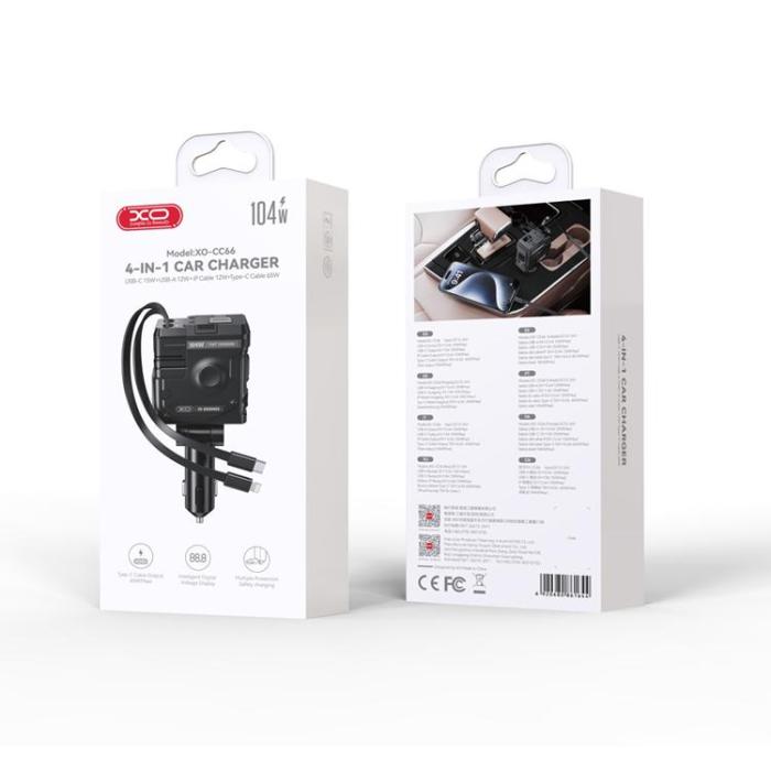 XO - XO Billaddare 104W 1xUSB-C 1xUSB-A med Typ-C och Lightning Kabel CC66