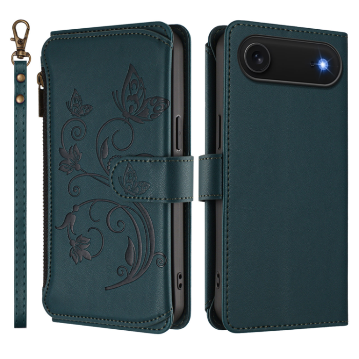 A-One Brand - iPhone 17 Air Plånboksfodral Butterfly Floral Imprint - Grön
