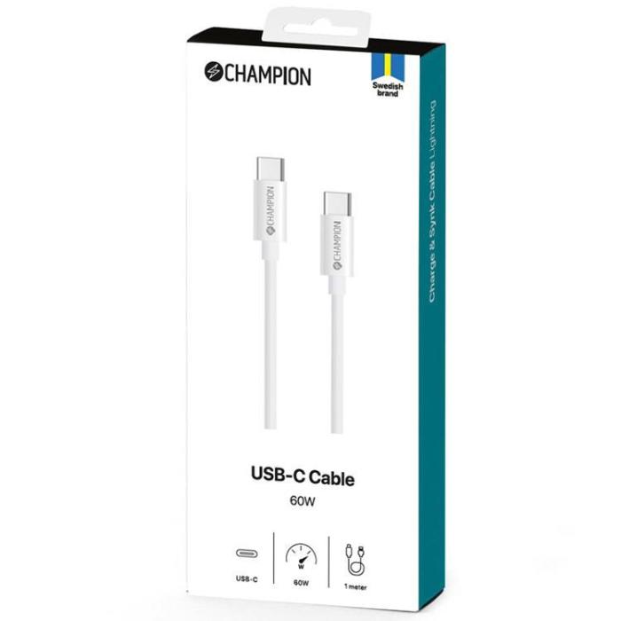 Champion - CHAMPION USB-C till USB-C kabel 60W 1m - Vit