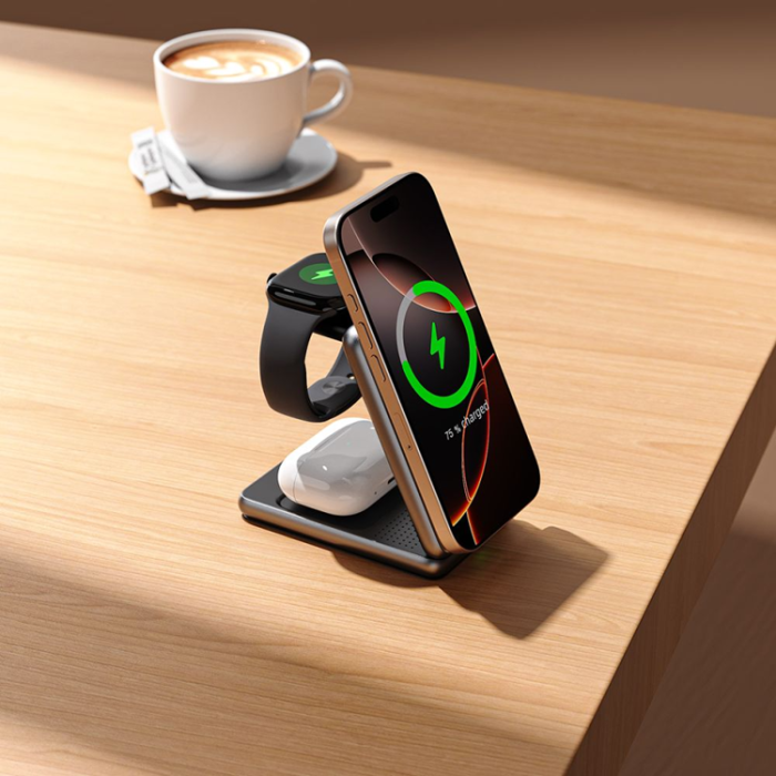 Tech-Protect - [3in1] Tech-Portect Trådlös Laddare Magsafe iPhone, Apple Watch, AirPods - Grå
