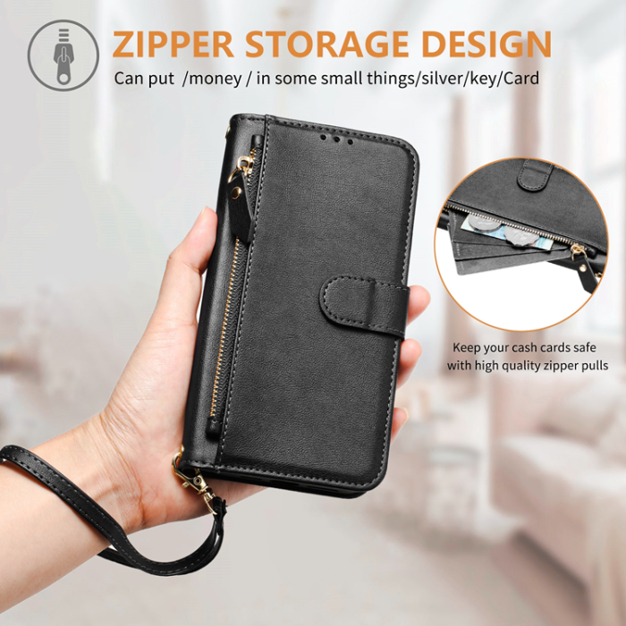 A-One Brand - iPhone 17 Pro Plånboksfodral Zipper Pocket Läder - Svart