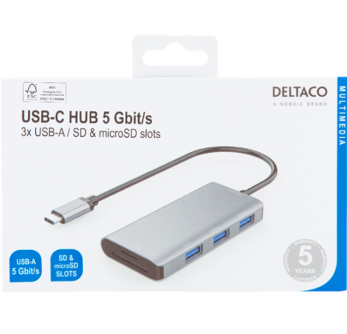 UTGATT1 - Deltaco USB-C Hub Med 3x USB-A - Silver/Grå
