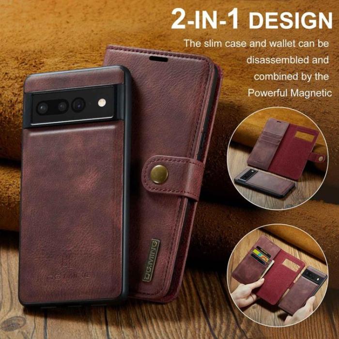 DG.MING - DG.MING Google Pixel 7 Pro Plånboksfodral Detachable 2in1 Äkta läder - Röd