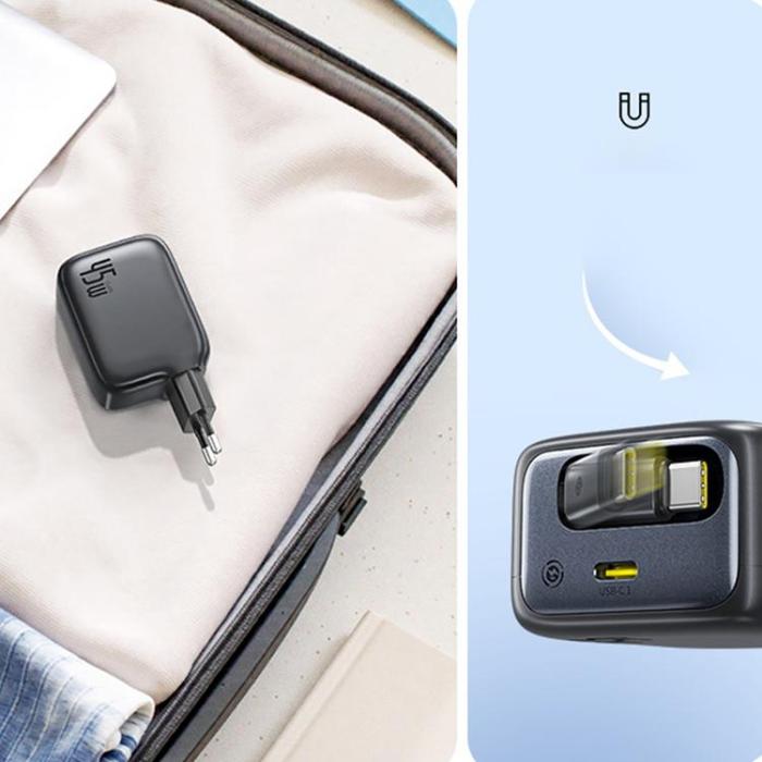 BASEUS - Baseus Snabbladdare 45W USB-C med Infällbar kabel EnerCore CJ11- Svart