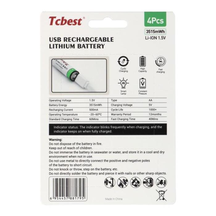 TCBEST - [4-Pack] TCBEST Uppladdningsbart Batteri R6 (AA) 950 mAh Typ-C