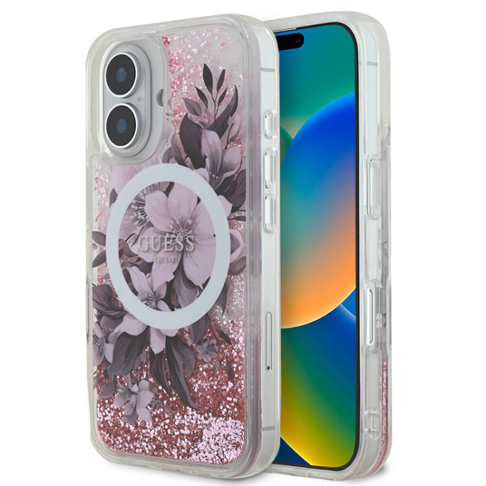 Guess - Guess iPhone 16 Mobilskal MagSafe Liquid Glitter Flower