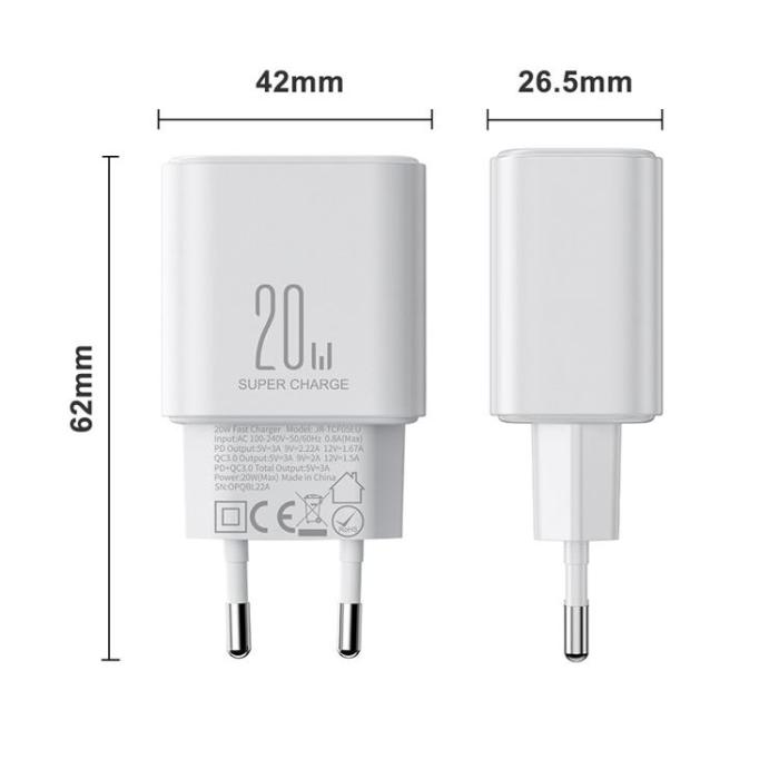 Joyroom - Joyroom EU USB-A to USB-C Väggladdare 20W USB-C Kabel - Vit