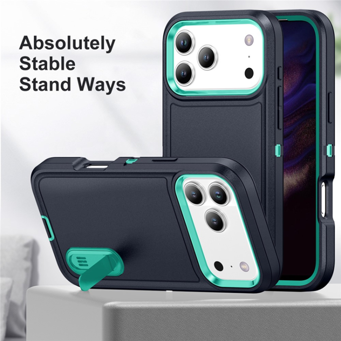 A-One Brand - iPhone 17 Pro Max Mobilskal Kickstand Silikon - Mörkblå/Ljusgrön