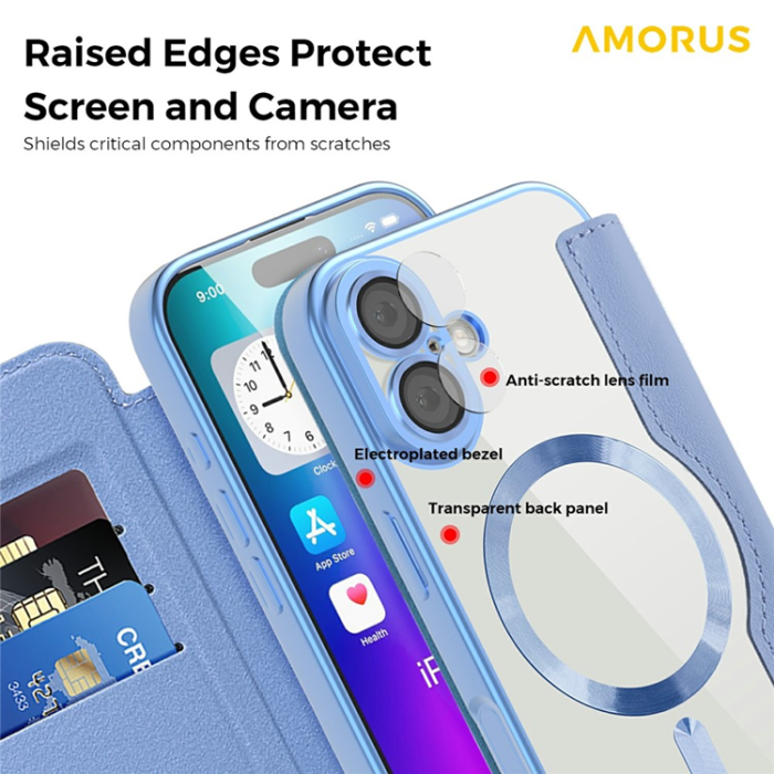 Amorus - AMORUS iPhone 17 Plånboksfodral MagSafe RFID Blocking - Blå