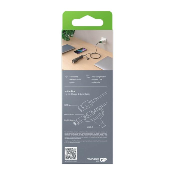 GP - GP Kabel USB-A Till USB-C 3-I-1 Micro-USB + Lightning CY1N 1m