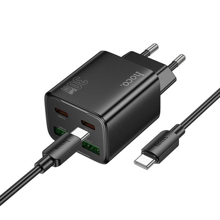 Hoco Snabbladdare PD 30W 2xUSB-A 2xUSB-C QC3.0 3A med USB-C Kabel N56 - Svart | 505295 | AlltMobil