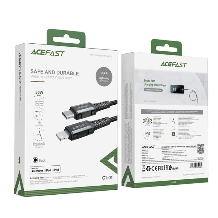 Acefast - Acefast MFI USB-C till Lightning kabel 30W 1.2m - Svart