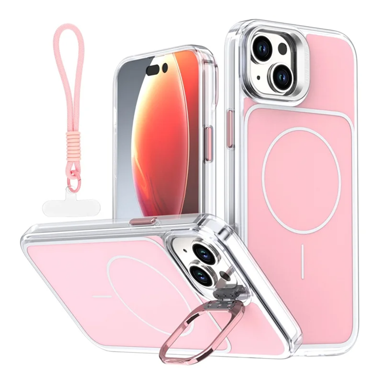 iPhone 15 Mobilskal MagSafe Lens Kickstand med Handrem - Rosa (Rosa) | 2353 | AlltMobil