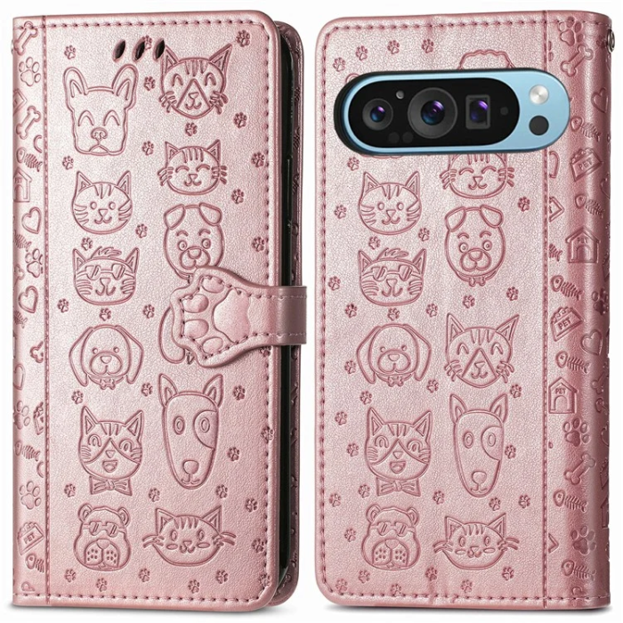 A-One Brand - Google Pixel 10/10 Pro Plånboksfodral Cat Dog Pattern - Rosa Guld