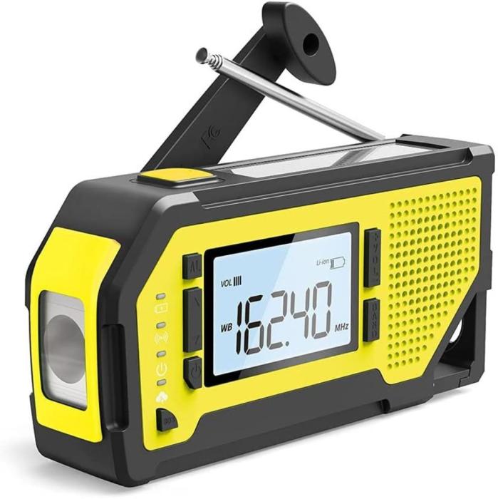 UTGATT5 - Vev-radio med LCD Skärm, Solceller, Ficklampa och 2000mAh Powerbank - Gul