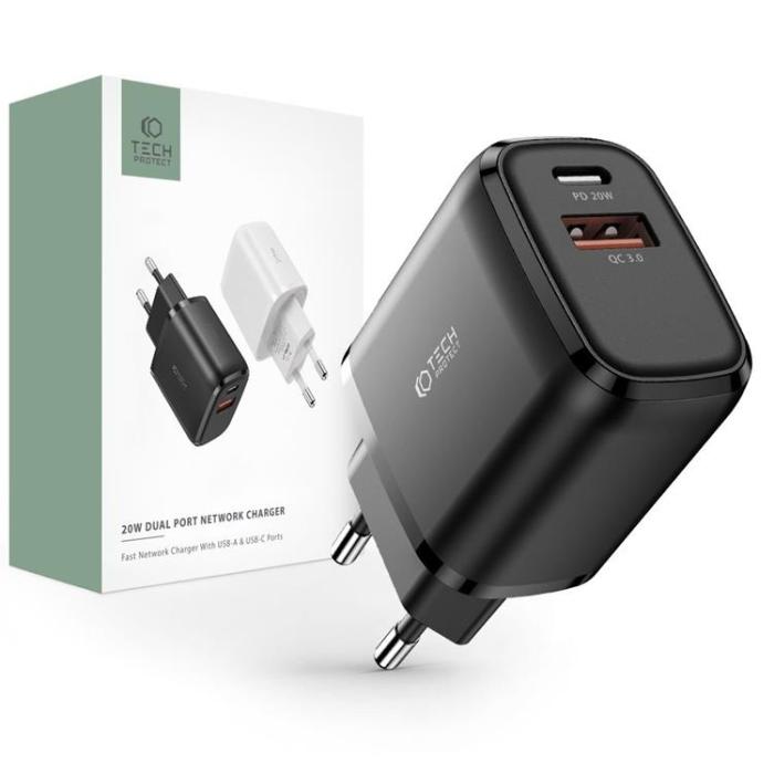 Tech-Protect - Tech-Protect C20W 2-Port Nätverk Laddare PD20W/QC3.0 - Svart