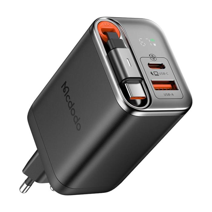 OEM - MCDODO CH-410 FreeGo 67W GaN-laddare med inbyggd kabel, EU-kontakt - Svart