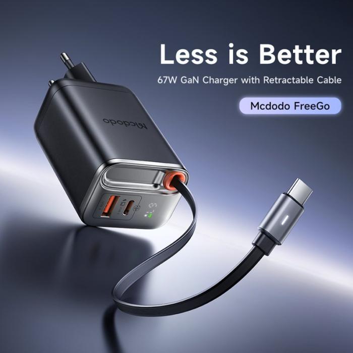 OEM - MCDODO CH-410 FreeGo 67W GaN-laddare med inbyggd kabel, EU-kontakt - Svart