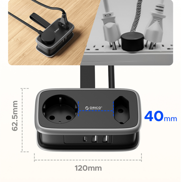 ORICO - Orico 5in1 Grenuttag 15.5W 2xUSB-A 1xUSB-C 2xAC APP - Svart