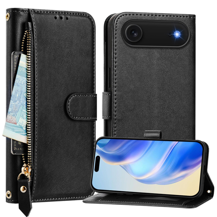 A-One Brand - iPhone 17 Air Plånboksfodral Zipper Pocket Läder - Svart