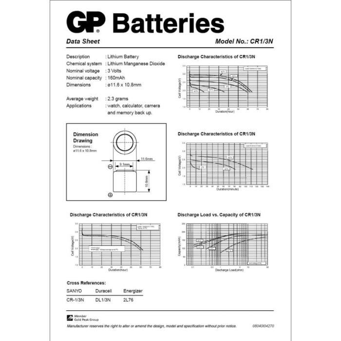 GP - GP Knappcellsbatteri Litium CR1/3N CR11108 1-Pack