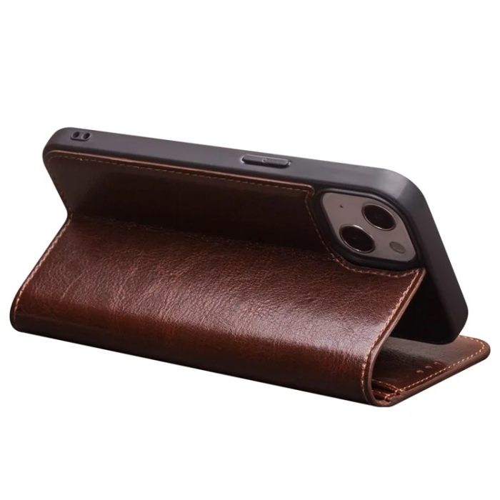 QIALINO - Qialino iPhone 13 Plånboksfodral Äkta Läder Cowhide - Brun