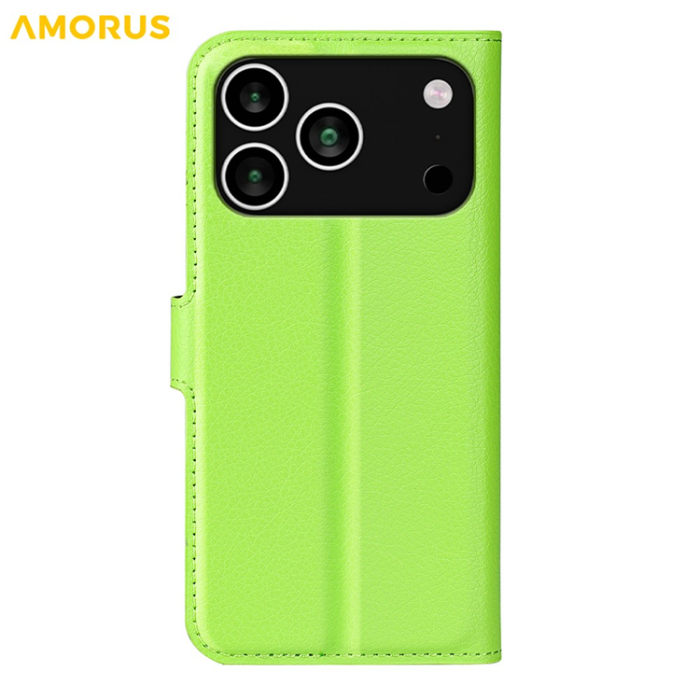 Amorus - AMORUS iPhone 17 Pro Plånboksfodral Flipstativ Litchi - Grön