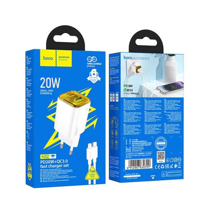 Hoco - Hoco Snabbladdare PD 20W USB-A USB-C QC3.0 3A med Lightning Kabel N52 - Vit