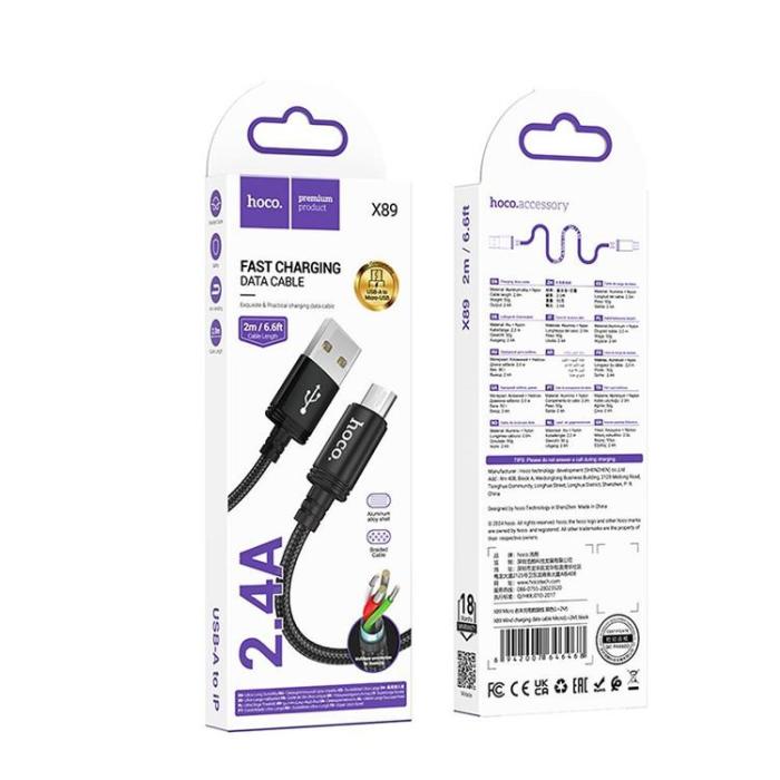 Hoco - HOCO USB-A - Micro-USB Kabel 2m 2.4A X89 - Svart