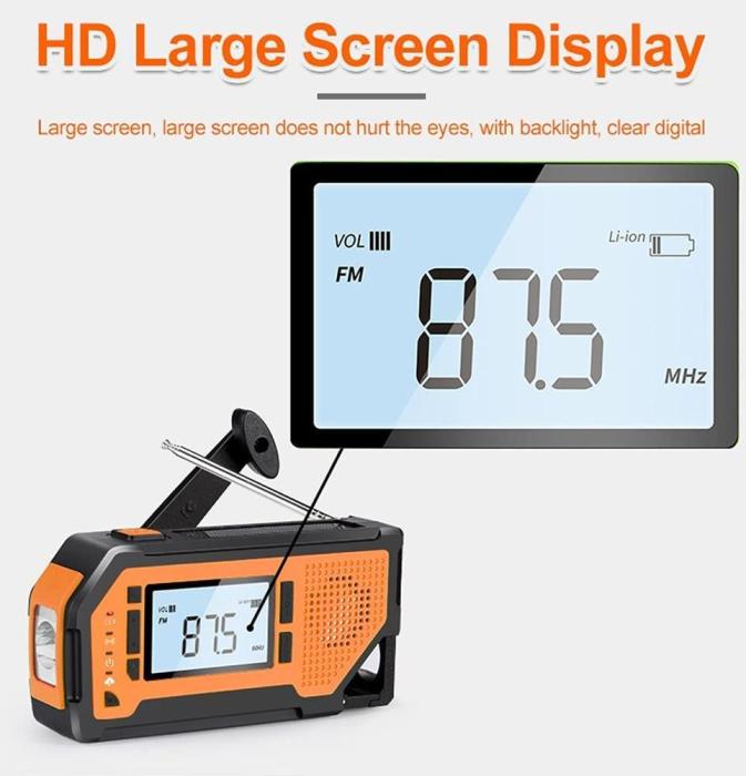 UTGATT5 - Vev-radio med LCD Skärm, Solceller, Ficklampa och 2000mAh Powerbank - Gul