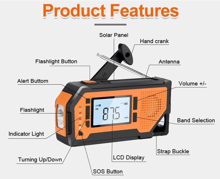UTGATT5 - Vev-radio med LCD Skärm, Solceller, Ficklampa och 2000mAh Powerbank - Gul