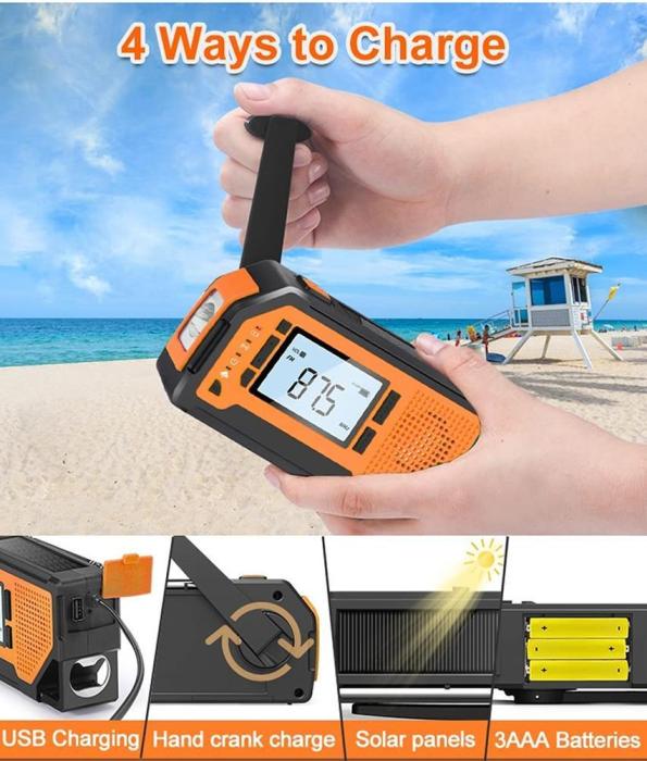UTGATT5 - Vev-radio med LCD Skärm, Solceller, Ficklampa och 2000mAh Powerbank - Gul