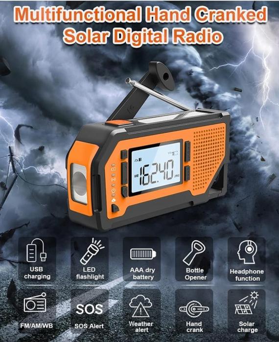 UTGATT5 - Vev-radio med LCD Skärm, Solceller, Ficklampa och 2000mAh Powerbank - Gul