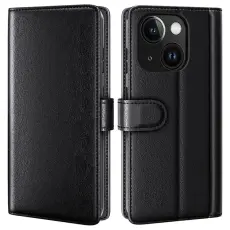 OEM - iPhone 15 Plus Plånboksfodral Äkta Läder Anti-Dust - Svart