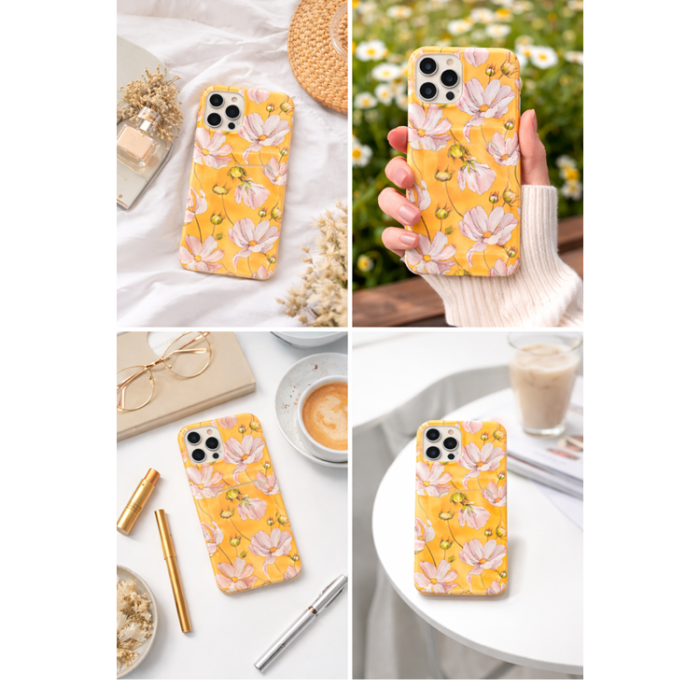 OEM - iPhone 13 Skal med Kortfack - Gul Flowers