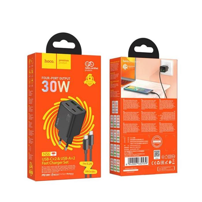 Hoco - Hoco Snabbladdare PD 30W 2xUSB-A 2xUSB-C QC3.0 3A med USB-C Kabel N56 - Svart