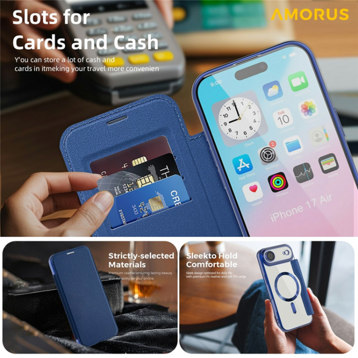 Amorus - AMORUS iPhone Air Plånboksfodral MagSafe RFID - Blå