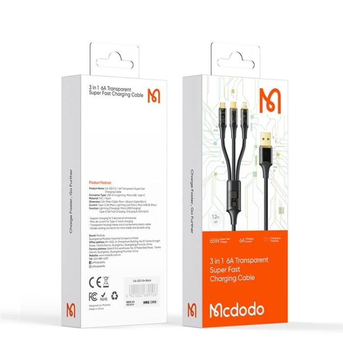 MCDODO - MCDODO 3in1 USB/USB-C/MicroUSB/Lightning 100W Kabel 1.2m Svart