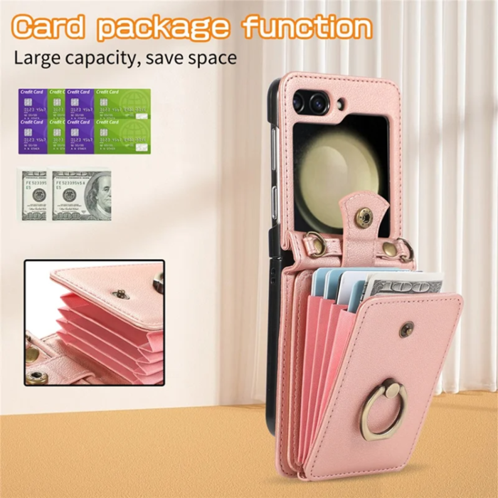A-One Brand - Galaxy Z Flip7 Plånboksfodral Ring Kickstand med Lång rem - Rosa Guld