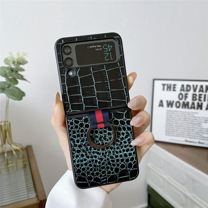A-One Brand - Galaxy Z Flip 4 Mobilskal Äkta Läder Fingerringhållare - Grön