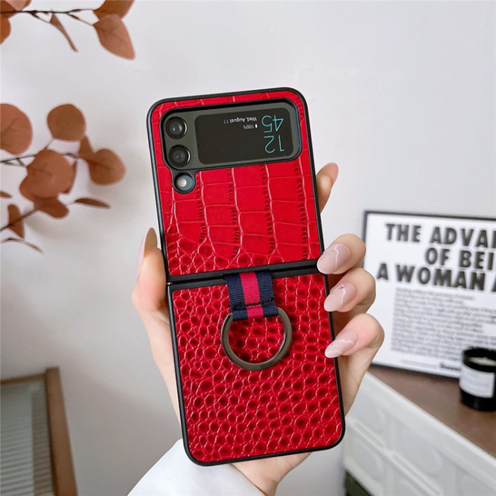 A-One Brand - Galaxy Z Flip 4 Mobilskal Äkta Läder Fingerringhållare - Röd
