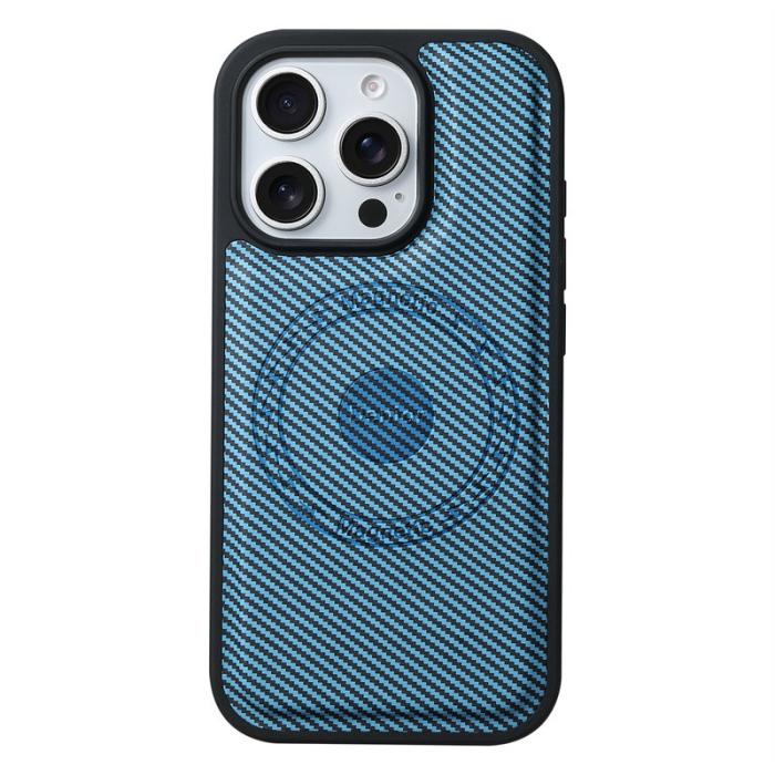DENIOR - DENIOR Mobilskal till iPhone 16 Pro Max Äkta Läder Kolfiber Blå