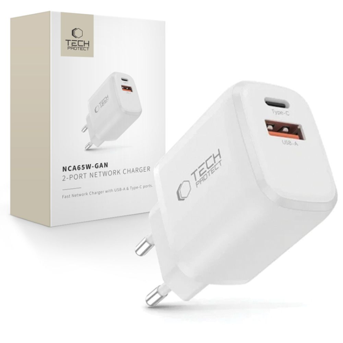 Tech-Protect - Tech-Protect 2-Port Snabbladdare PD 65W/QC3.0 NCA65W-GAN - Vit
