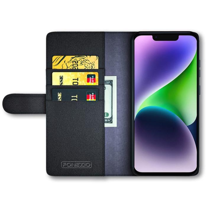 OEM - iPhone 15 Plus Plånboksfodral Äkta Läder Anti-Dust - Svart